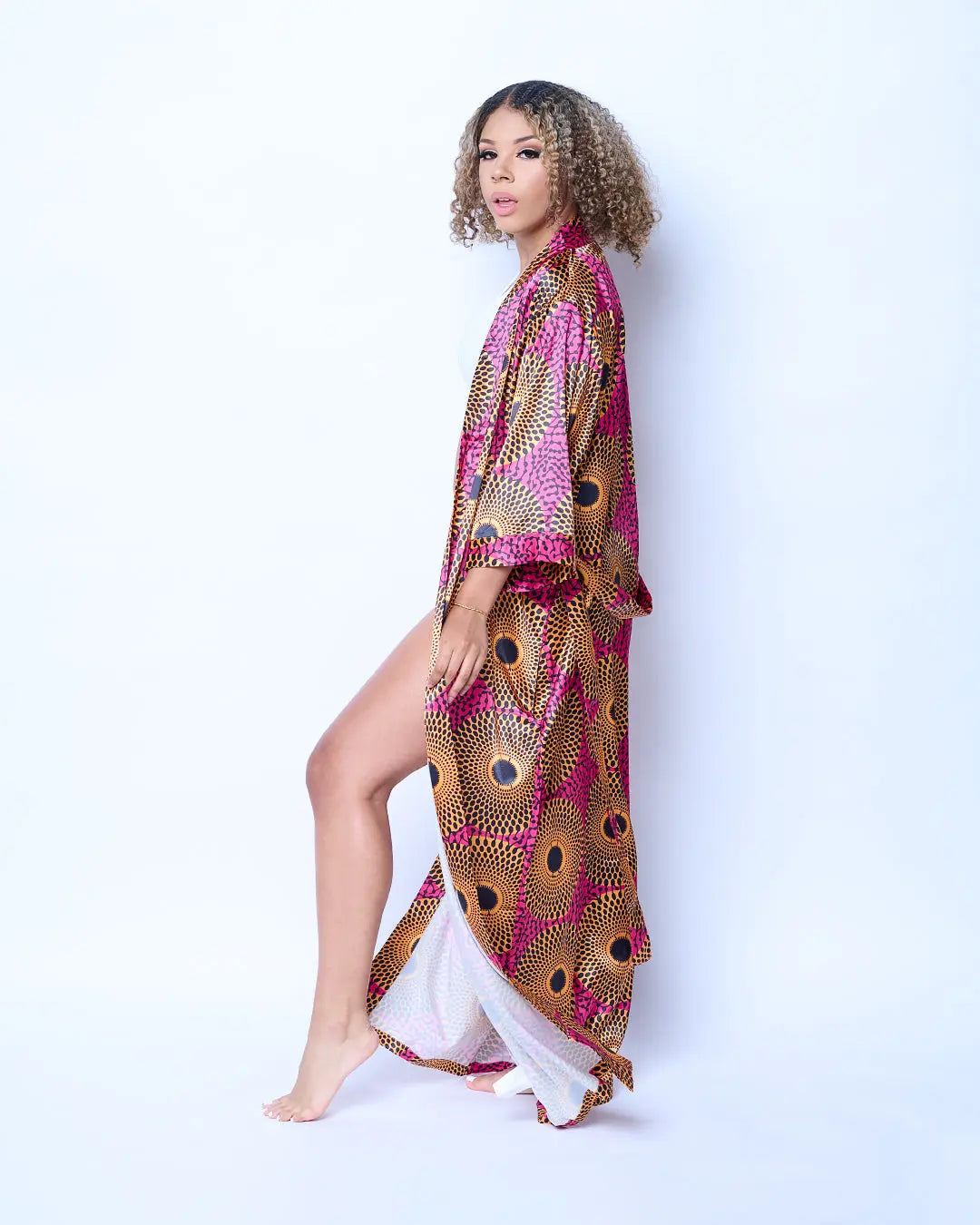 Women's Long-Sleeve African Print 100% Luxury Poly-Satin Bathrobe - Adjustable Strap, Ultra Smooth, Exotic Aura, All Seasons, One Size Pink/Yellow Bridal Loungewear Gown with Modern Spin