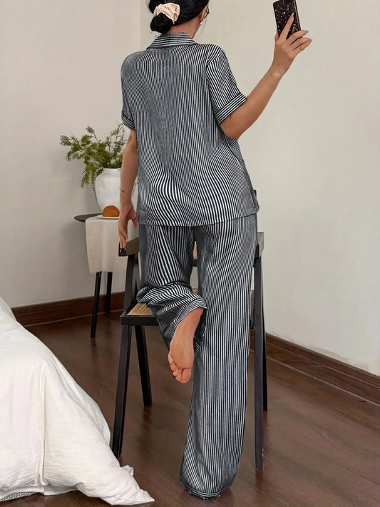 Women's Striped Print Button Front Short Sleeve Top and Bow Tie Long Pants Pajama Set, Casual Home Wear, All Seasons Loungewear, Nightwear Sleepwear