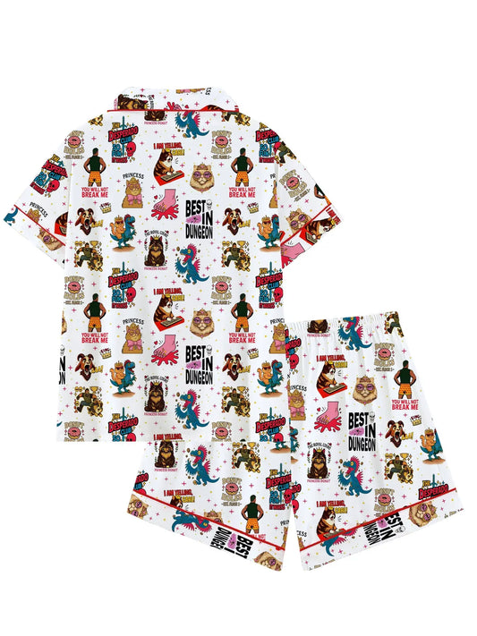 Women's Cute Dungeon Cat Print Pajama Set, Cozy Fantasy Sleepwear Set, Short-Sleeve Fitted Shirt and Pants, Two-Piece Homewear Set, Lightweight Loungewear, Nightwear Pajamas, Nightwear Outfit for Party Wear