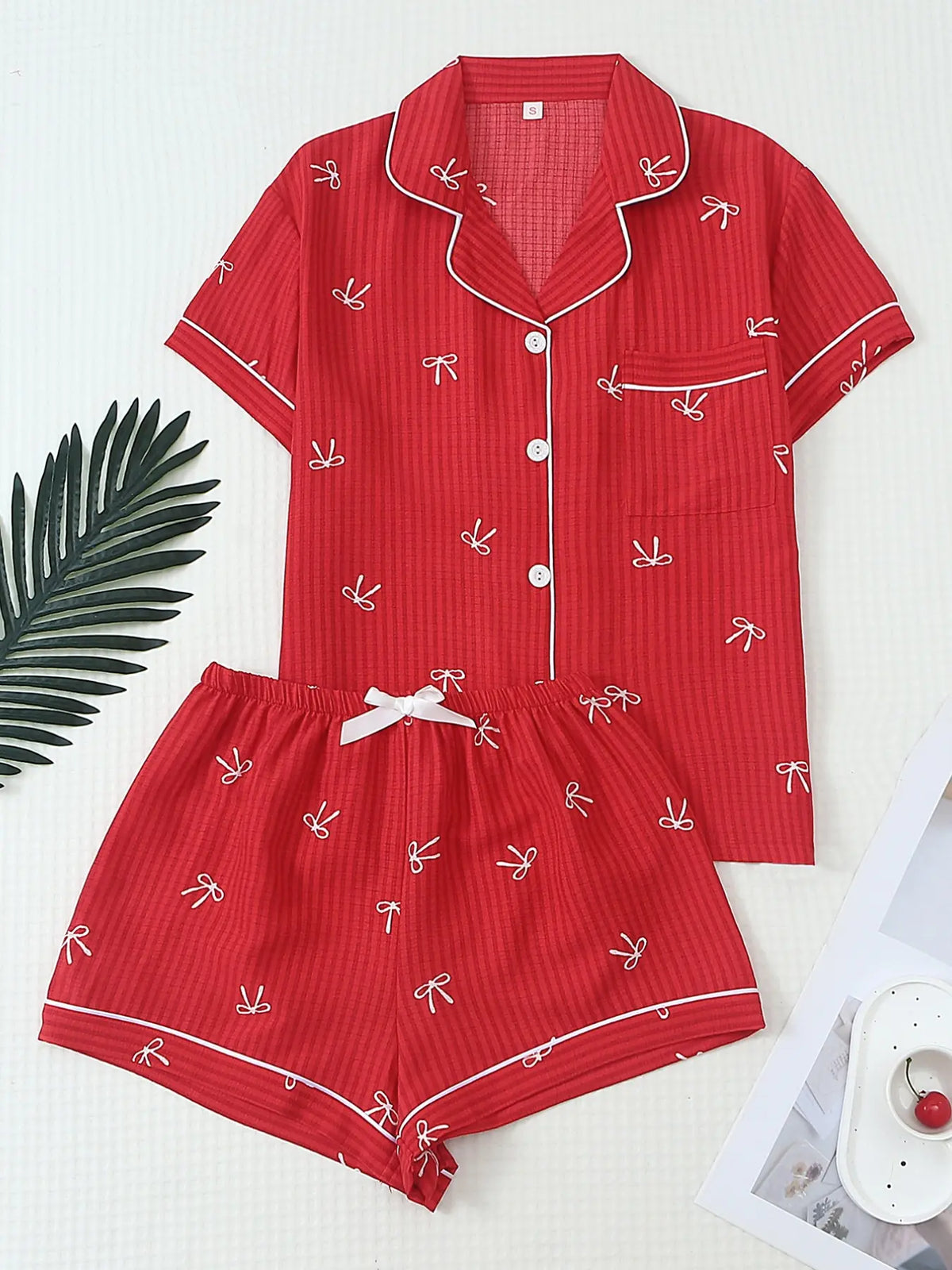 Women's Bow Print Stripe Shirt & Shorts Pyjama, Casual Comfy Short Sleeve Woven Pj Set, Ladies Sleepwear for Summer, Pajamas Sleepwear, Loungewear, Pajama Set
