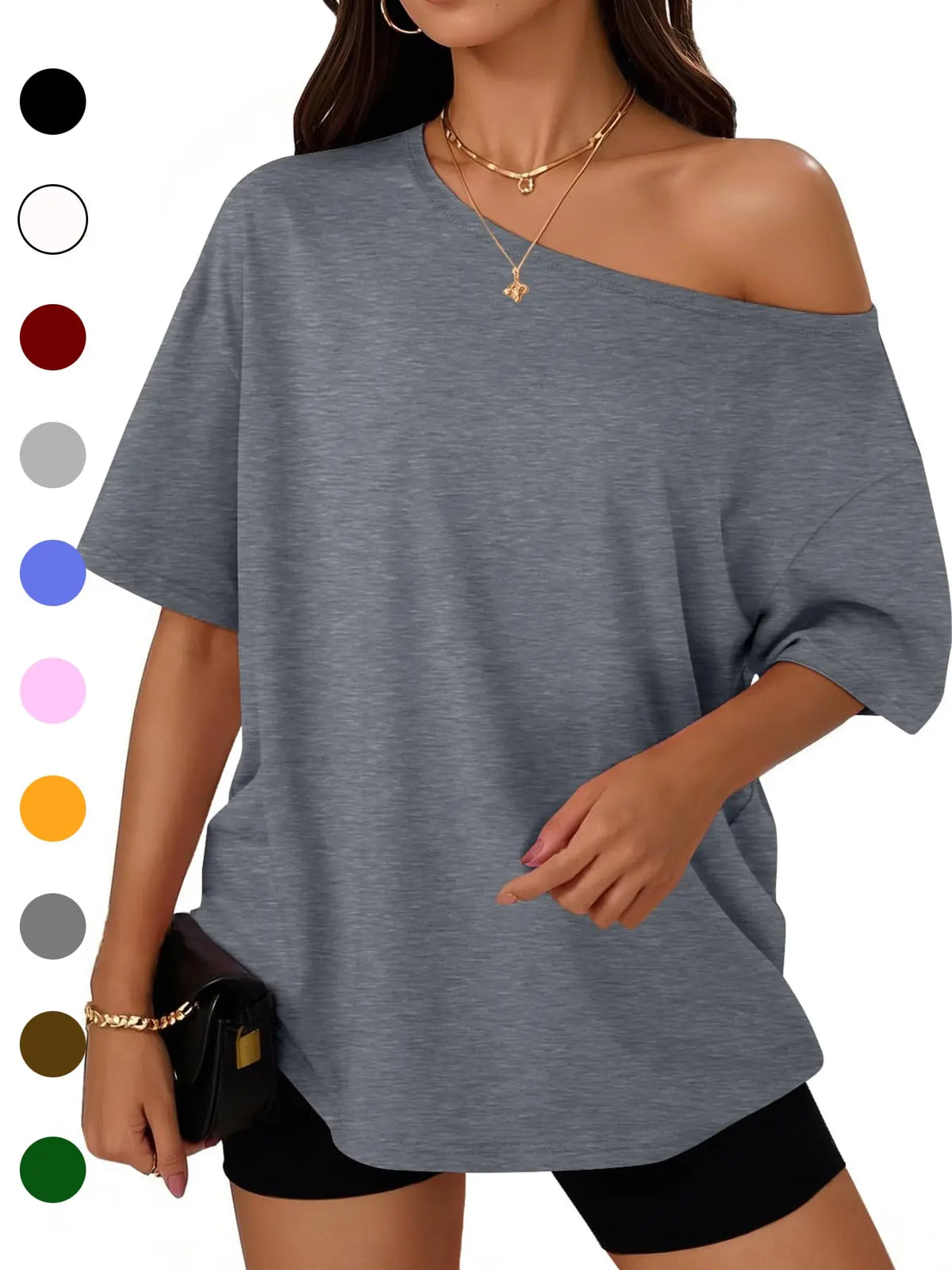 Women's Summer Shoulder-Exposed Sleepwear Set, Loose Fit Short Sleeve T-Shirt, Casual Home Wear, Outdoor Use, Loungewear, 1 Piece, Loose Lounge Clothes