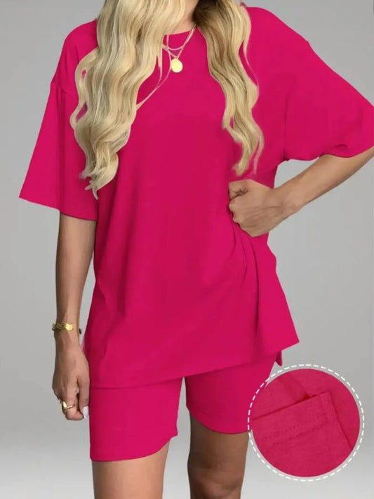 Women's Solid Color T-Shirt and Tight Shorts Set, Casual Summer Comfort Round Neck Sleepwear Loungewear, Pocket Design, Outdoor Wear, Lounge Clothes