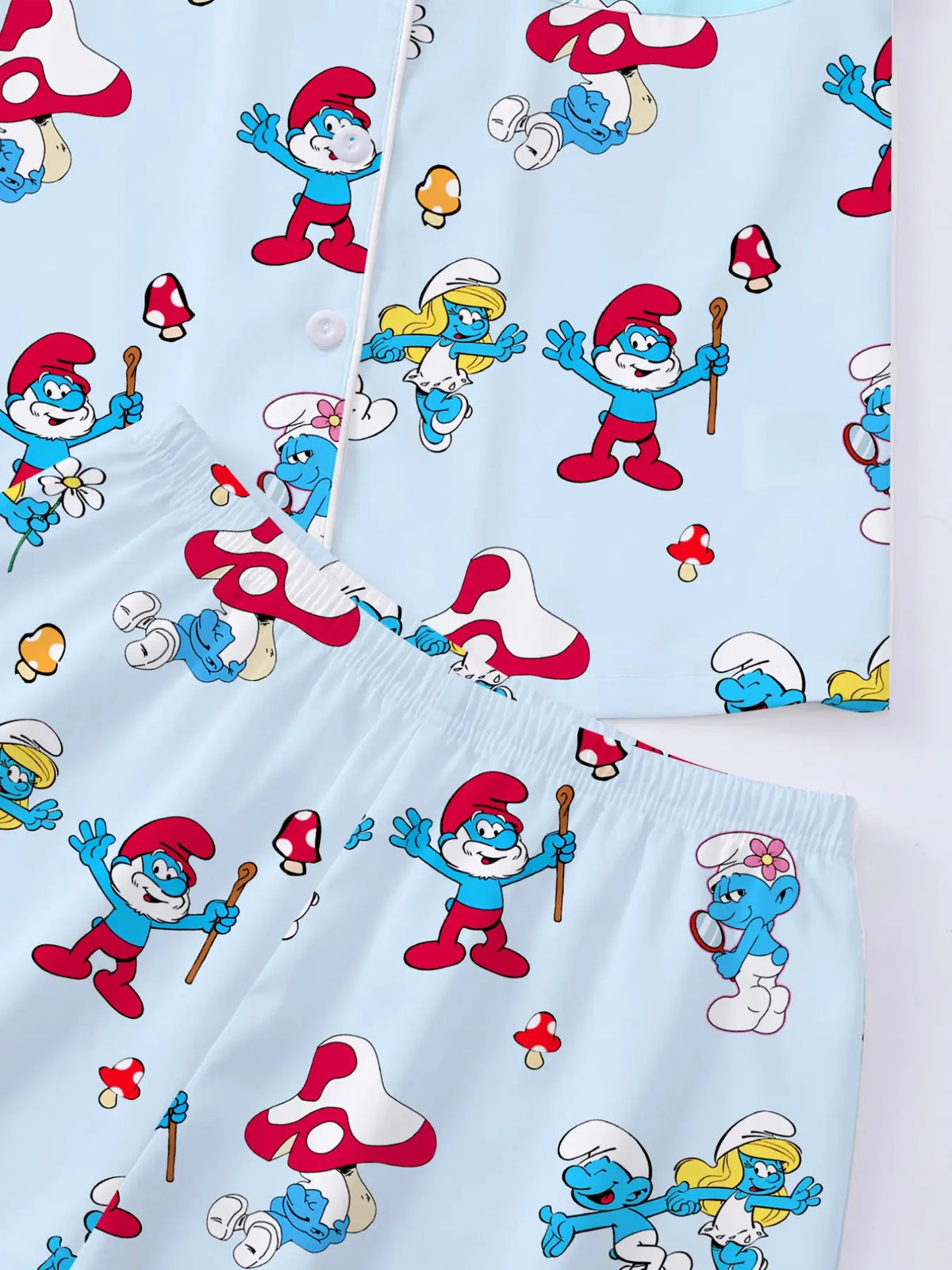 3-Piece Light Blue Smurfette Women's Loungewear Pajama Set, Short Sleeve Button-Down Top, Elastic Shorts & Pants, Comfortable Home Wear, Pajamas Sleepwear