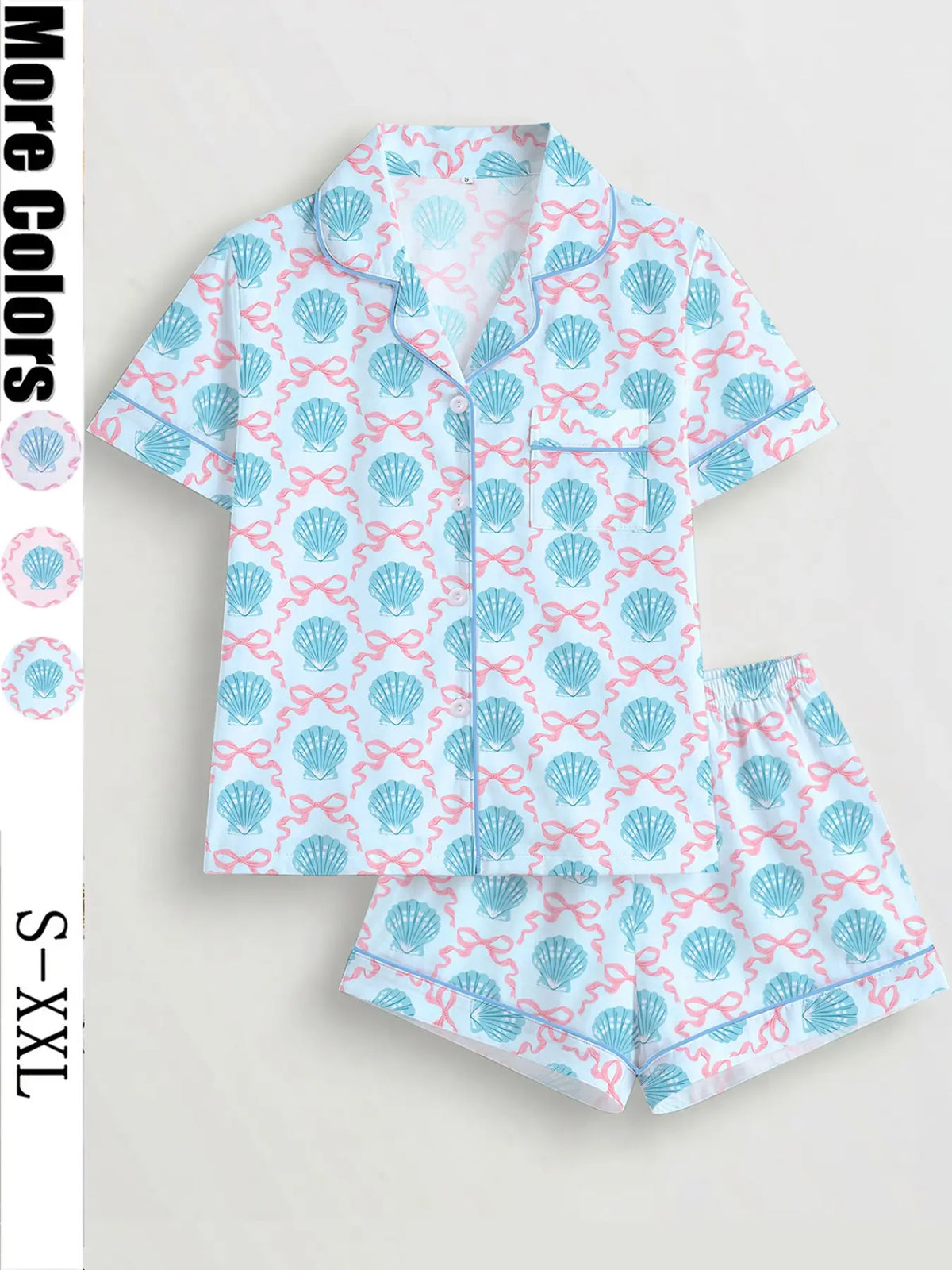 Women's 2-Piece Pajama Set, Shell Butterfly Print, Casual Fitted Top & Elastic Shorts, Comfortable Home Wear, Perfect Gift, Knit Loungewear Pajamas