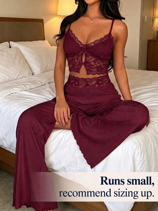 Women's Lace Cami Pajama Set 2 Piece Spaghetti Strap Crop Top Wide Leg Pants Sleepwear Loungewear Pjs Chic Summer Lounge Set