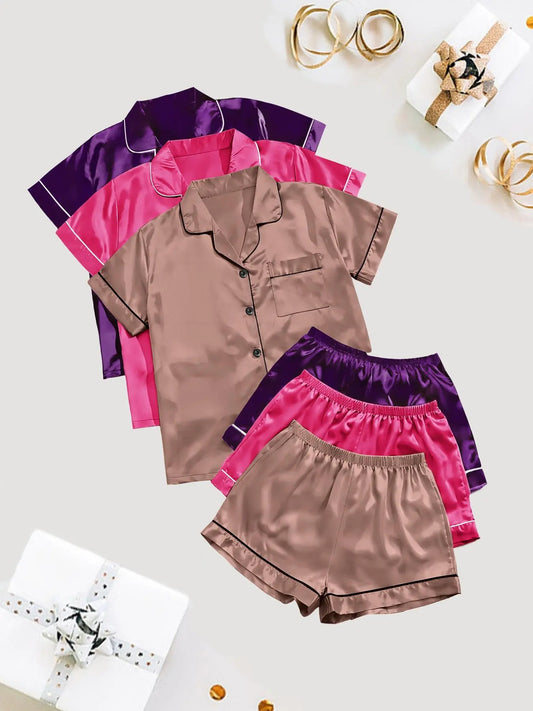 Women's Solid Satin Pyjama Set, Short Sleeve Button Front Lapel Shirt & Contrast Binding Shorts PJ Set, Summer Sleepwear Set, Loungewear, Pajamas, Silky Satin Pajama