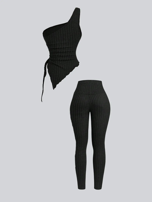 Two-Piece Set Women's Solid Ribbed Crop Tank Top & Skinny Pants, Casual Fashion Cozy Top & Trousers for Daily Outdoor Wear, Ladies Summer Clothes, Pajama, Loungewear, Matching Lounge Sets