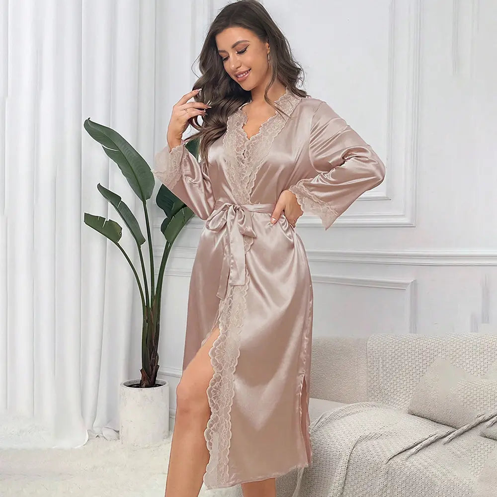 Long Sleeve Women's Robe, Lace Tie Bathrobe, Sexy Sleepwear in White
