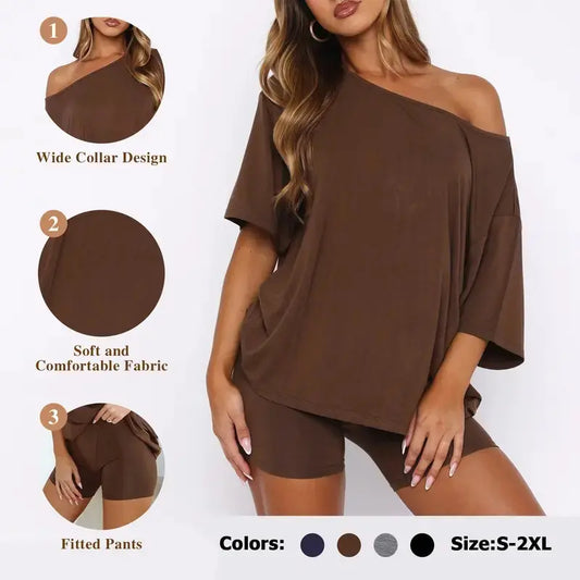 Women’s Casual Two Piece Lounge Set Off Shoulder Top & Fitted Shorts Springtok Loungewear Pajama Nightwear Womenswear Clothes Matching pajama pants pajamas sets for women pajama sets women pj sets for women pajamas