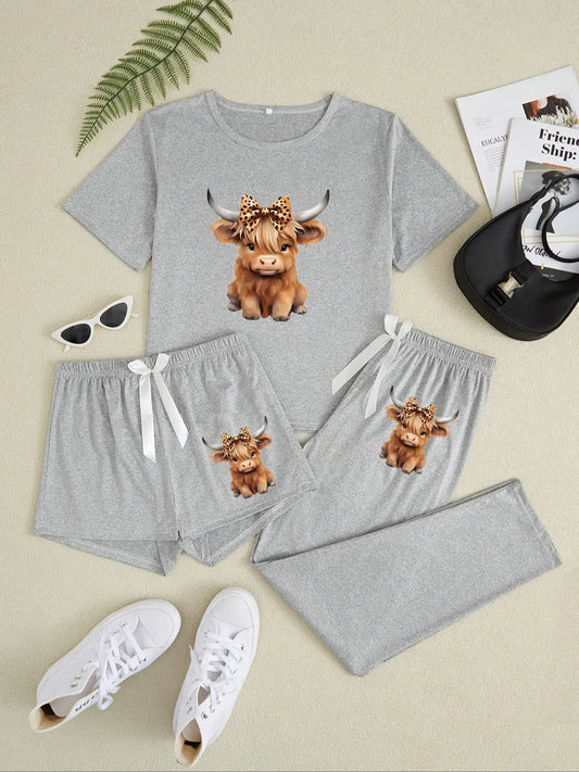 Cartoon Highland Cow Print Women's Pajama Sets, Casual Pajamas Set, Casual Comfy Pajama, Matching Pyjamas, Casual All Seasons Nightwear, Fitted Knitted Fabric Sleepwear & Loungewear