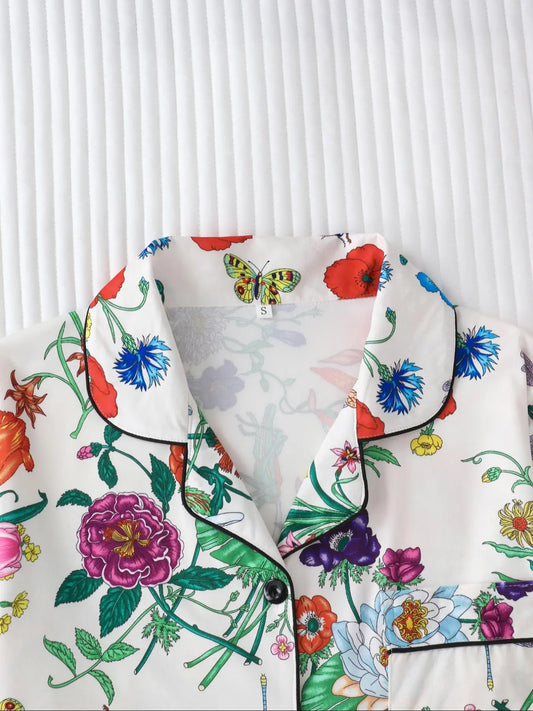 Women's All Over Floral Print Button Front Pocket Shirt & Elastic Waist Pants Pyjama Set, Pyjamas Set, Casual Comfy Two-piece Pj Set, Ladies Sleepwear for All Seasons, Loungewear