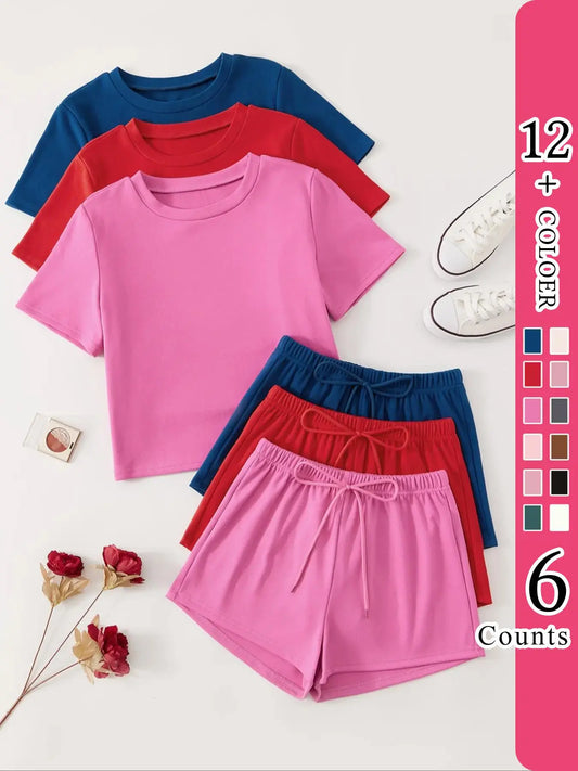 Women's Classic All-Season Pajama Set, Comfortable Round-Neck Short-Sleeve Fitted Top & Elastic Shorts, Solid Color Nightwear, Casual Home Wear, Loungewear