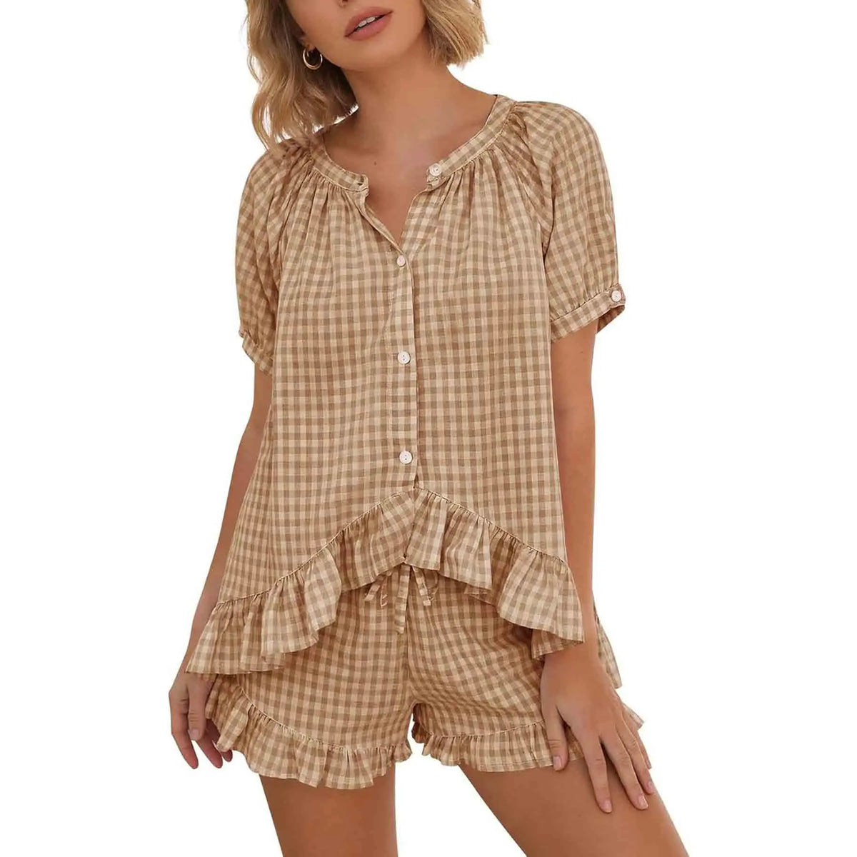 Arssm Women’s Gingham Pajamas Set – 2-Piece Cotton PJs with Ruffle Babydoll Shirt & Plaid Shorts for Cozy Sleepwear & Lounge Outfits