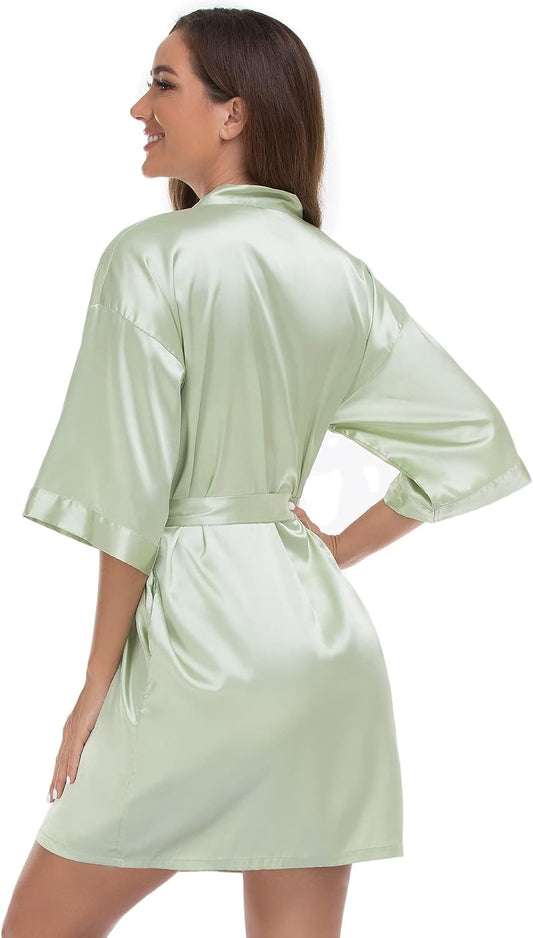VOGUEMAX Womens Short Kimono Robe Bride Bridesmaids Wedding Satin Bathrobe