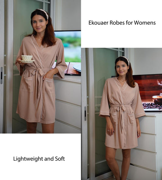 Ekouaer Women Robes Waffle Knee Length Bathrobe Lightweight Soft Sleepwear V neck 3/4 Sleeve Casual Ladies Loungewear S-XXL