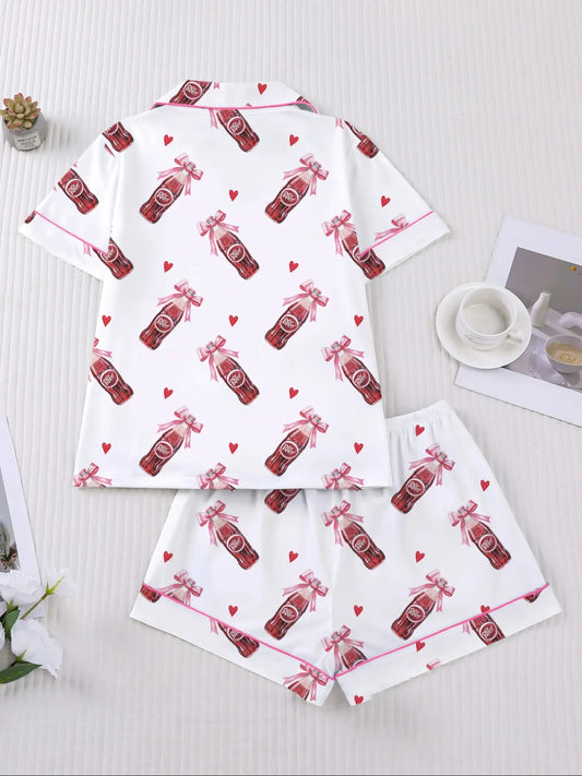 Women's Dr Pepper Sleepwear Set, Loungewear Homewear Pajamas Set, Fitted Pajama Sets, Soft Cartoon Print Fabric, Casual Fitted Design, Perfect for Home & Travel, Comfortable Party Wear, Pyjamas