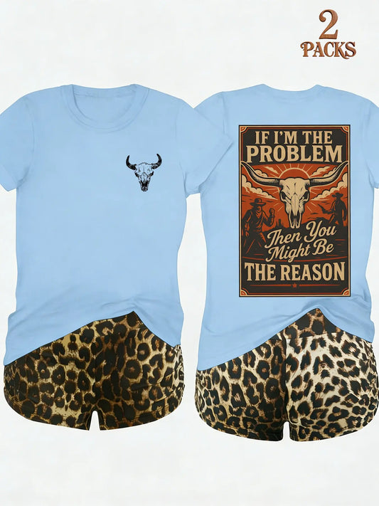 2-Pack Value Set, Matching Short-Sleeve Tees & High-Waisted Leopard Print Shorts, Comfortable Sleepwear for Lazy Days & Cozy Nights, Loungewear Pajama Set