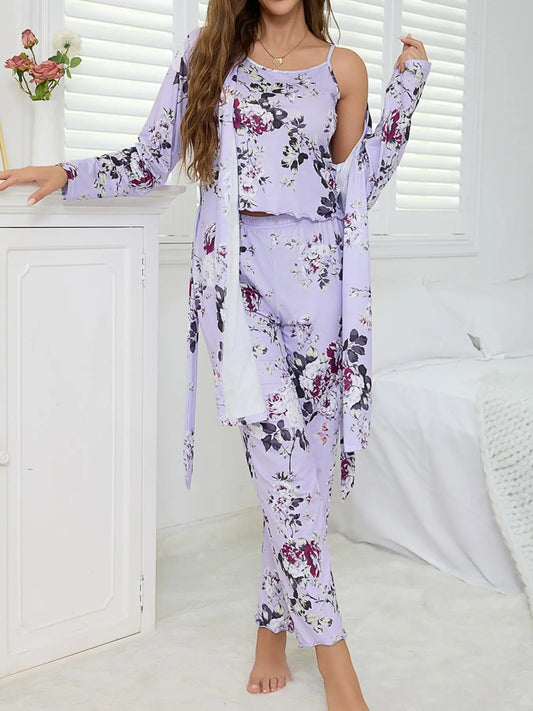 Women's All Over Floral Print Pajama Set, Long Sleeve Open Front Outwear & Pants & Cami Top, Casual Comfy Fitted Sleepwear Set for Women, Loungewear, Knit, Camisole
