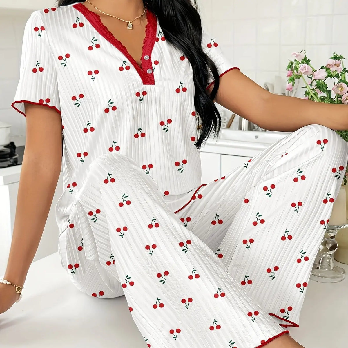 FEITAI Women's 2-Piece Floral Cherry Print Nightwear Set - Ribbed Knit Short Sleeve V-Neck Button Front Henley Top with Lace, Matching Stretchy Fabric Fit Pants, Feminine Sleepwear Loungewear