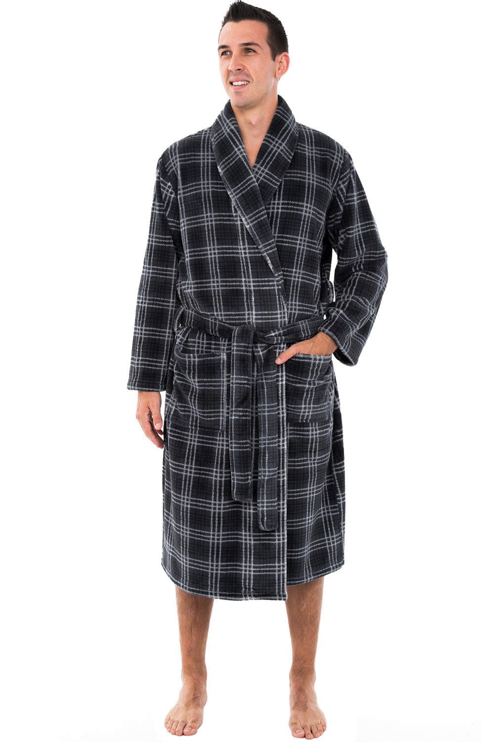 Men's Long Sleeve Lightweight Fleece Robe with Pockets, Bathrobe