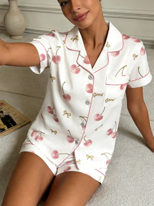 Women's Cherry Bow Printed Sleepwear Set, Short Sleeve Shorts Lapel Open Front Home Wear Two-Piece Set, Comfortable Sofa Loungewear Pajamas