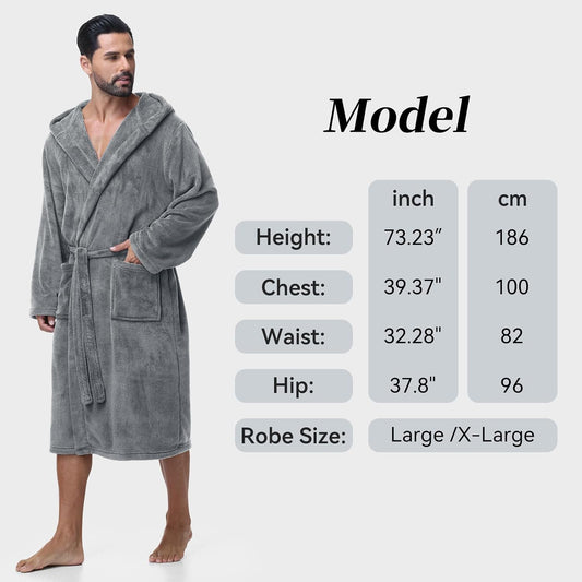 Absorbent Fleece Mens Robe with Hood Warm Cozy Ultra Soft Bathrobe Luxury Quick Dry Spa Towel Robe for Men