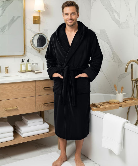 Luxury Ultra Soft Mens Robe with Hood Plush Fleece Long Bathrobe