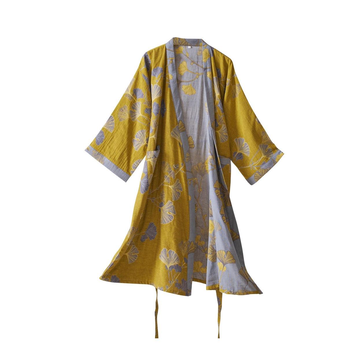 100% Cotton Gauze Ginkgo Leaf Kimono Robe, Long Knit Loose Loungewear Bathrobe Nightgown Ladies Sleepwear for Women