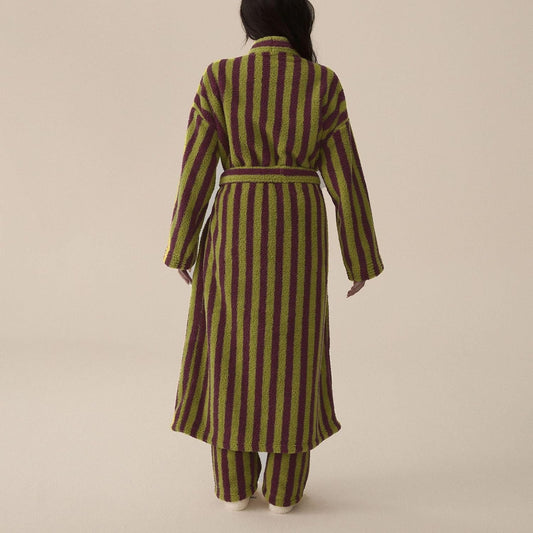 Women's Fuzzy Fleece Long Robe Striped Plush Kimono Warm Thick Fluffy Oversized V Neck Loungewear Maxi Bathrobe