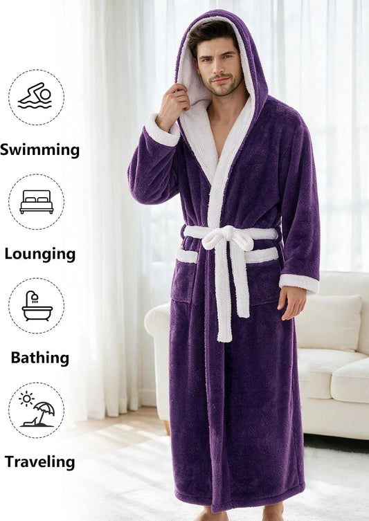 Flygo Mens Plush Hooded Robe Soft Fleece Full Length Bathrobe