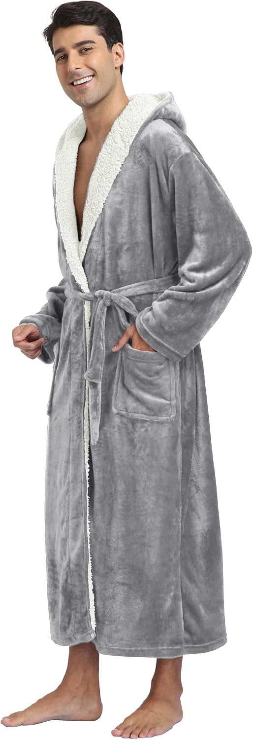 Mens Long Flannel Robes with Hood Plush Warm Bathrobes Cozy Fleece Spa Robe