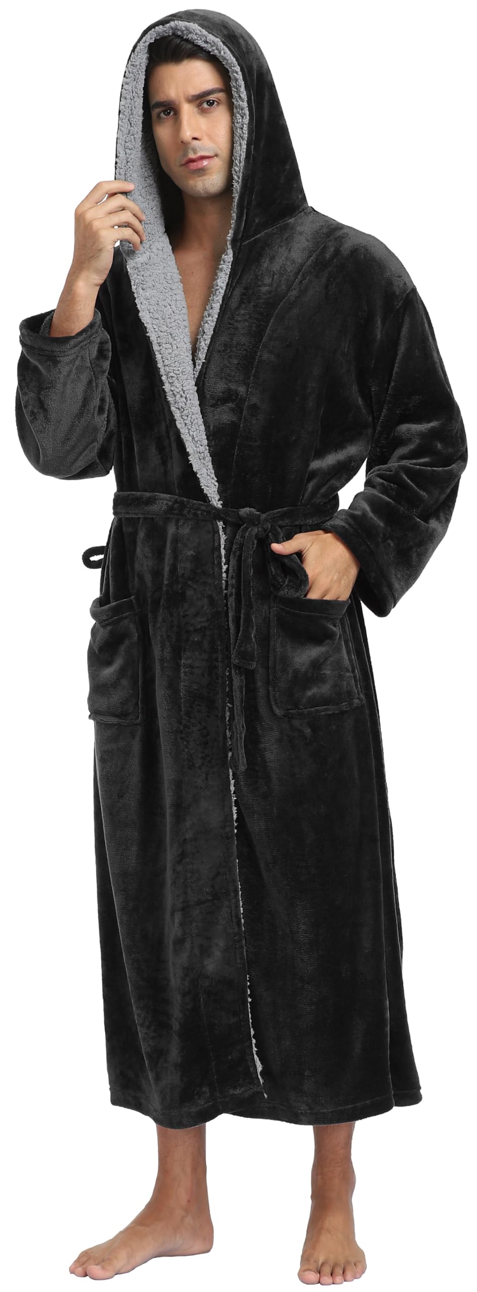 Mens Long Flannel Robes with Hood Plush Warm Bathrobes Cozy Fleece Spa Robe