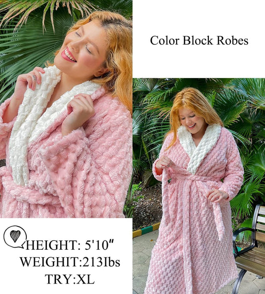 Ekouaer Women's Robe Long Winter Plush Jacquard Bathrobe with Pockets S-XXL
