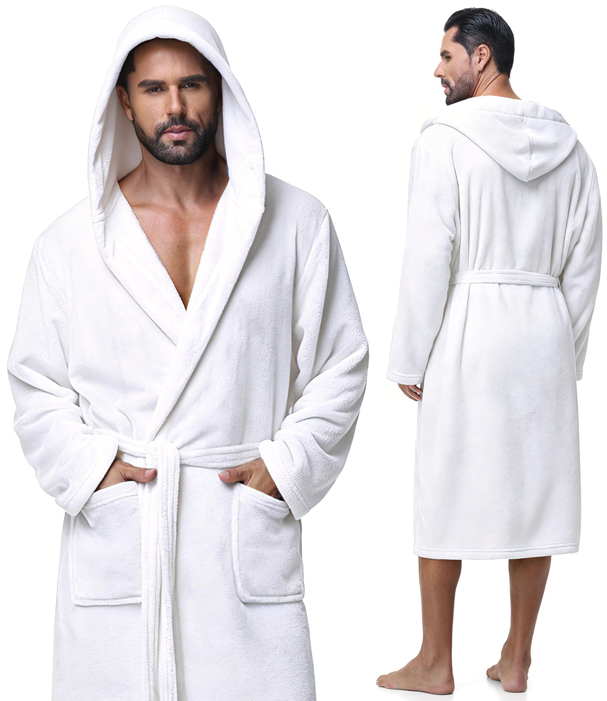 Absorbent Fleece Mens Robe with Hood Warm Cozy Ultra Soft Bathrobe Luxury Quick Dry Spa Towel Robe for Men