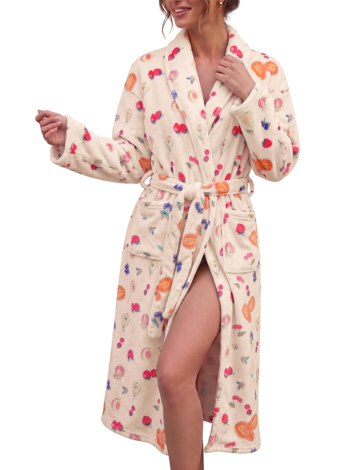 Fleece Robes for Women Cute Soft Printed Bathrobe Lightweight Fall Winter Robe with Belt