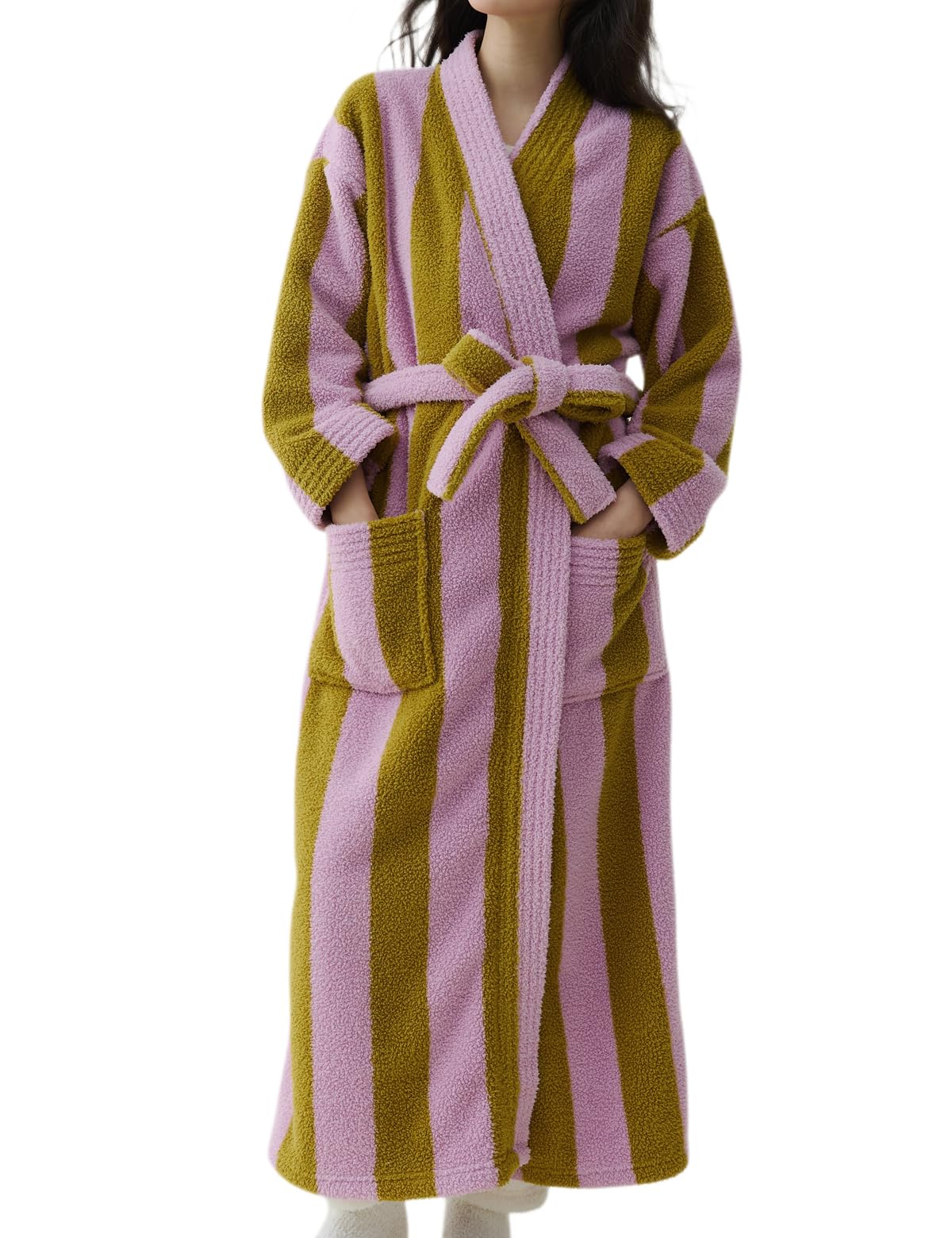 Women's Striped Plush Robe Long Soft Fluffy Bathrobe