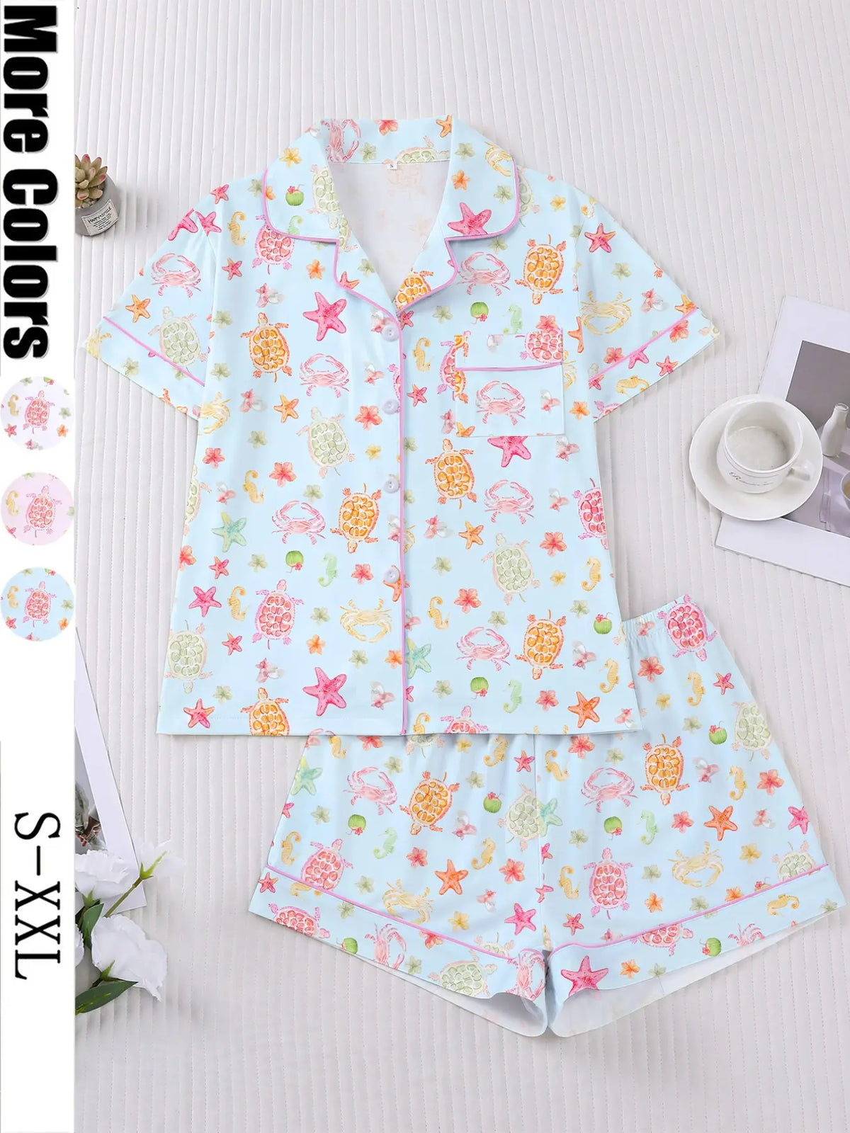 Women's 2-Piece Short Sleeve Sleepwear Set, Pajama Set, Homewear & Loungewear, Fun Oceanic Cartoon Print, Casual Nightwear, Comfortable Lapel Top & Wide Leg Shorts, Lounge Pjs Set