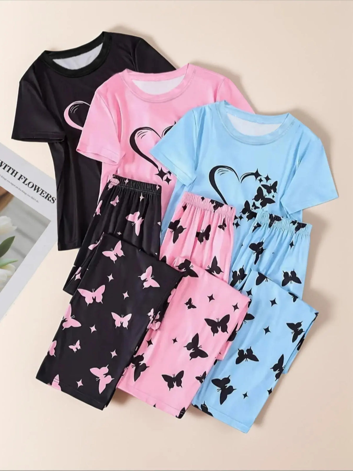 6 Counts Women's Heart & Butterfly Print Pajama Set, Short Sleeve Tee & Elastic Waist Pants Loungewear Set, Women Cute Nightwear, All Seasons Nightwear, PJ Sets for Women, Casual Sleepwear Loungewear, Love Print Sleepwear, Summer Outfits 2024