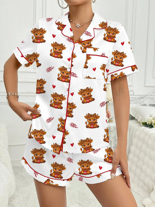 Valentine's Day Women's Sleepwear Loungewear Casual Pajama Set, Comfortable Cute Elastic Highland Cow Milk Cow Pattern Short Shirt and Pants Two-Piece Suit