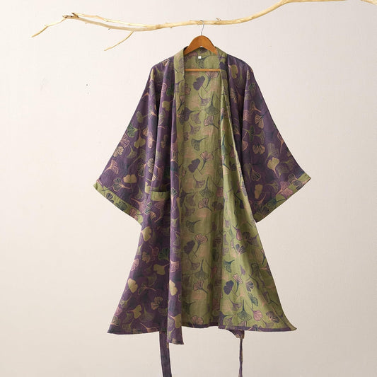 100% Cotton Gauze Ginkgo Leaf Kimono Robe, Long Knit Loose Loungewear Bathrobe Nightgown Ladies Sleepwear for Women
