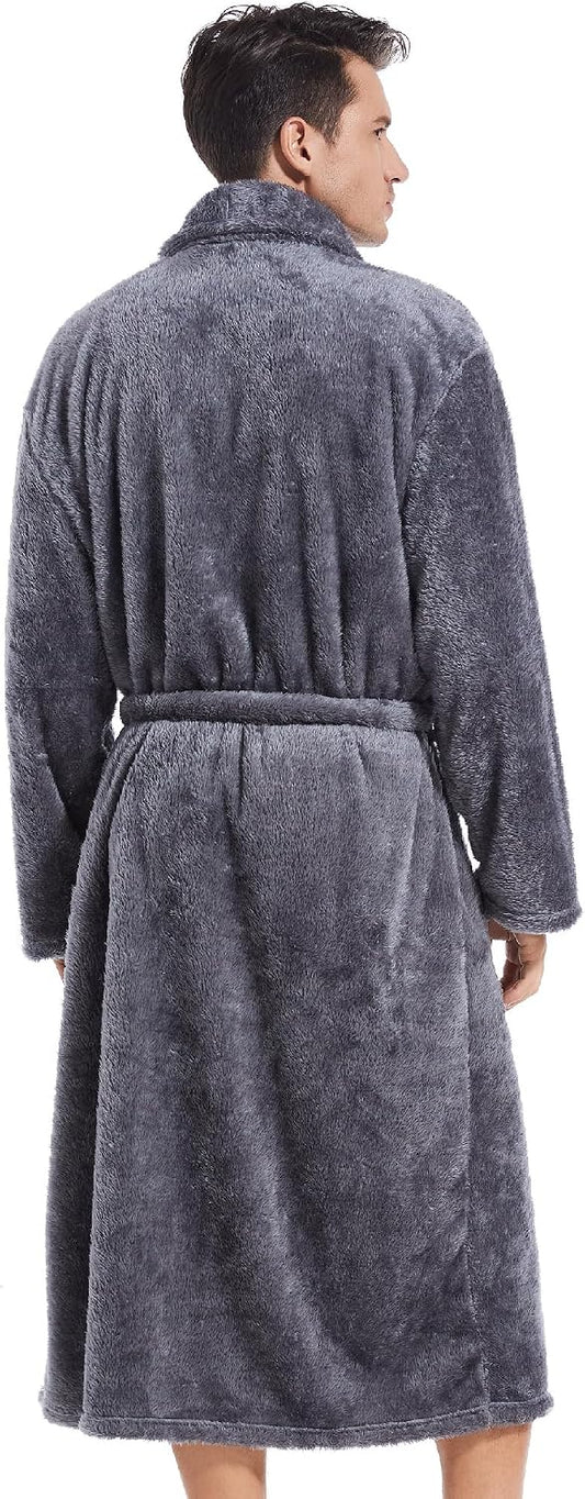 Inner Wish Mens Plush Fleece Robe, Highly Absorbent Cozy Warm Bathrobe Fuzzy Male Spa Long Robe With Pockets