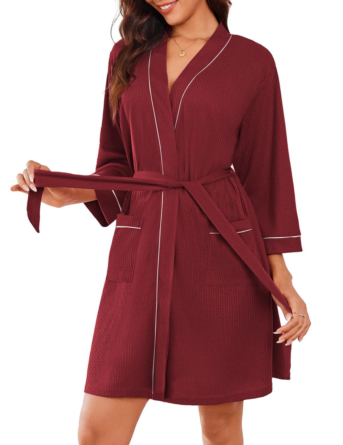 Ekouaer Women Robes Waffle Knee Length Bathrobe Lightweight Soft Sleepwear V neck 3/4 Sleeve Casual Ladies Loungewear S-XXL