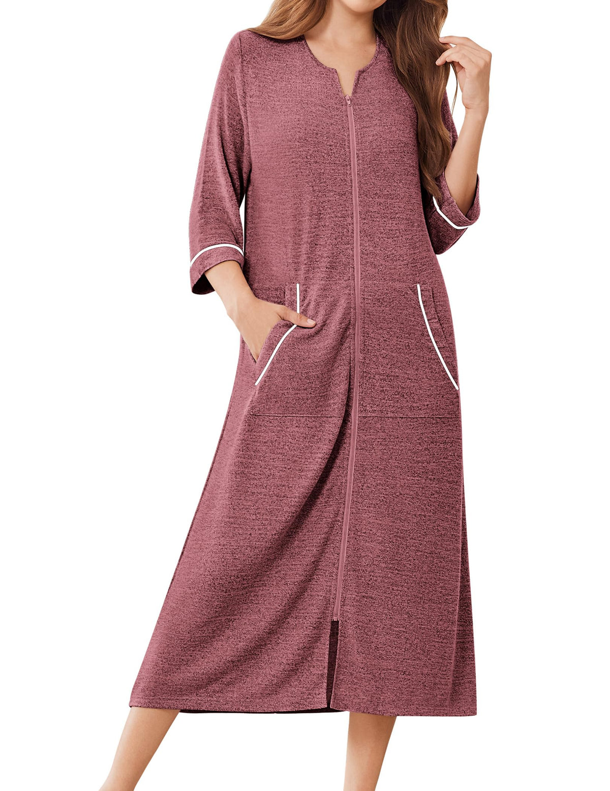 Ekouaer Zipper Robes for Women 3/4 Sleeve Bathrobe Lightweight House Coats
