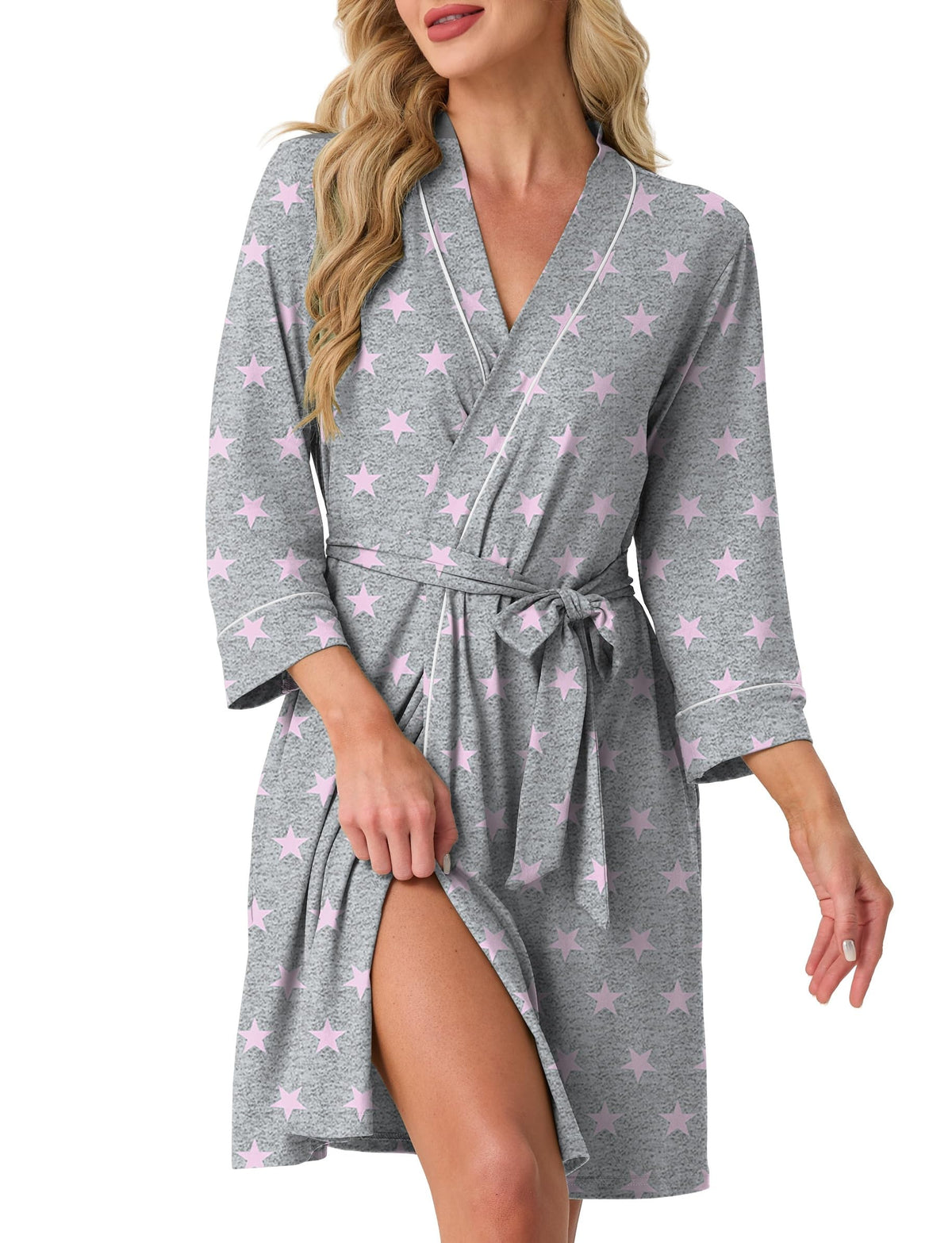 PrinStory Womens Robe Knee Length Soft Knit Bathrobe S-2XL
