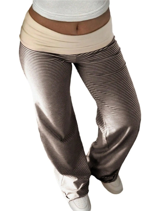 2026 Coquette Soft Girl Fold-Over Waist Pink White Striped Low-Rise Wide Leg Lounge Pants, Pajamas, Comfy Stretch Loungewear for Casual, Travel, Home, Aesthetic Y2K Preppy Lazy Day Wear, Lightweight Breathable Flowy Loose Fit