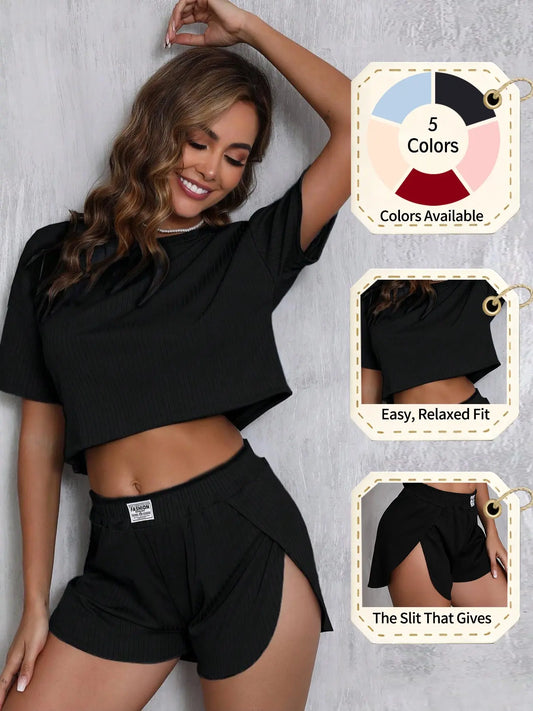 Women's Solid Elastic Ribbed Crop Tee & Shorts Slit Pajama Two-piece Set, Casual Comfy Fit Short Sleeve T-shirt & Shorts, Ladies Summer Sleepwear Loungewear, Homewear, Pjs, Pyjamas Set, Aesthetic