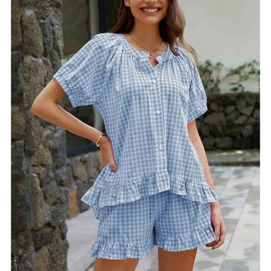 Arssm Women’s Gingham Pajamas Set – 2-Piece Cotton PJs with Ruffle Babydoll Shirt & Plaid Shorts for Cozy Sleepwear & Lounge Outfits