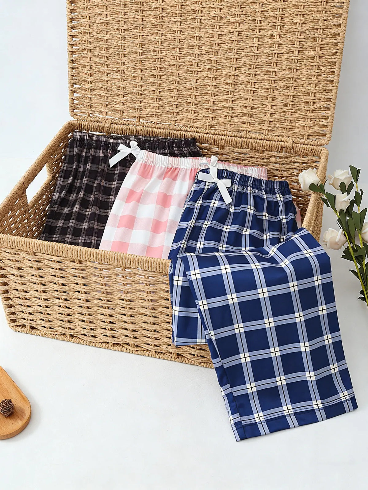 Women's 3 Pack Long Pajama Sleep Pants, Spring & Summer Wearable, Plaid Print with Bow Decor, Daily Versatile Style, Basic Casual Home Loungewear, Indoor Sleepwear, Pajama Sleepwear, All Season Nightwear, Sleep Bottoms