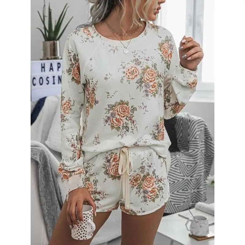 Women's Solid Raglan Sleeve Tee & Drawstring Waist Shorts Loungewear Two-piece Set Pajama Set, Casual Comfy Round Neck Top & Pocket Shorts PJ Set, Ladies Sleepwear for Spring & Fall