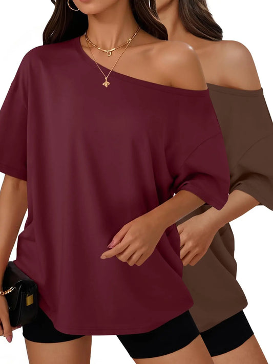 Women's Summer Shoulder-Exposed Sleepwear Set, Loose Fit Short Sleeve T-Shirt, Casual Home Wear, Outdoor Use, Loungewear, 1 Piece, Loose Lounge Clothes